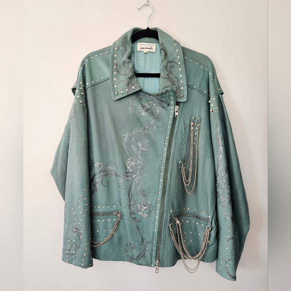 Free People x Nigel Preston Chain Embellished Biker Jacket Aqua - Picture 3 of 17